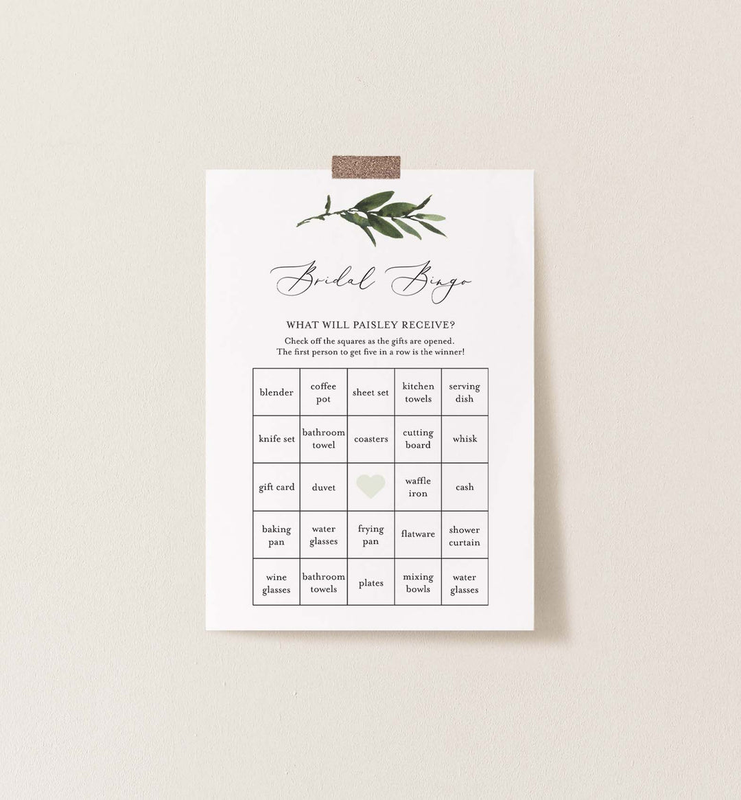 Foliage Bridal Shower Bingo Game Printable