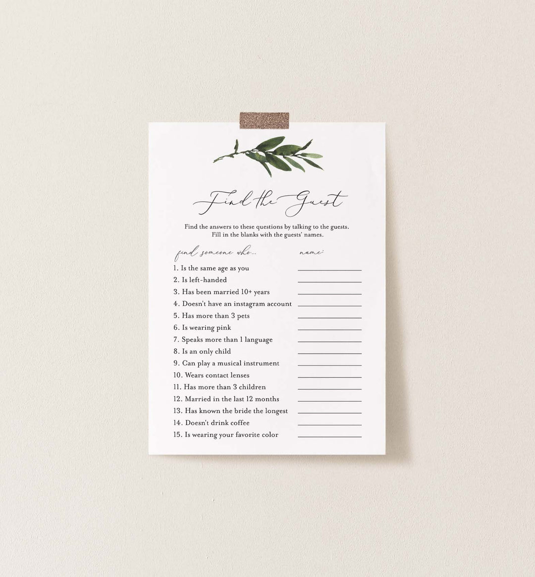 Foliage Bridal Shower Find The Guest Game Printable