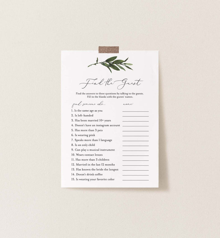Foliage Bridal Shower Find The Guest Game Printable