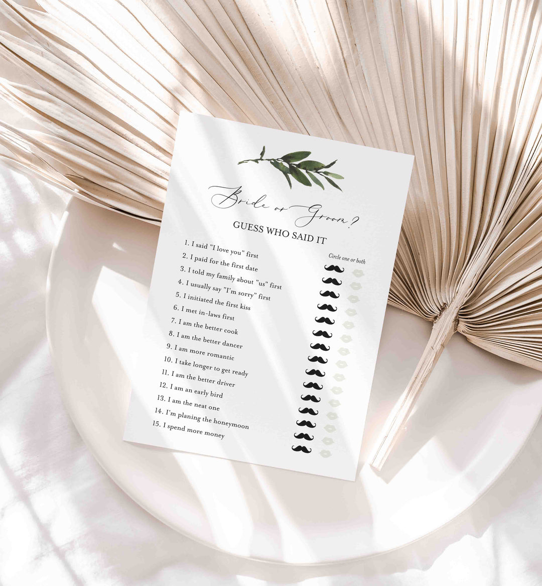 Foliage Bridal Shower He Said She Said Game Printable