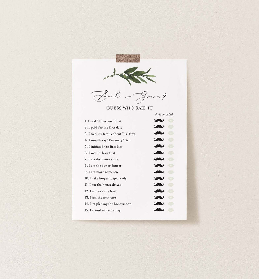 Foliage Bridal Shower He Said She Said Game Printable