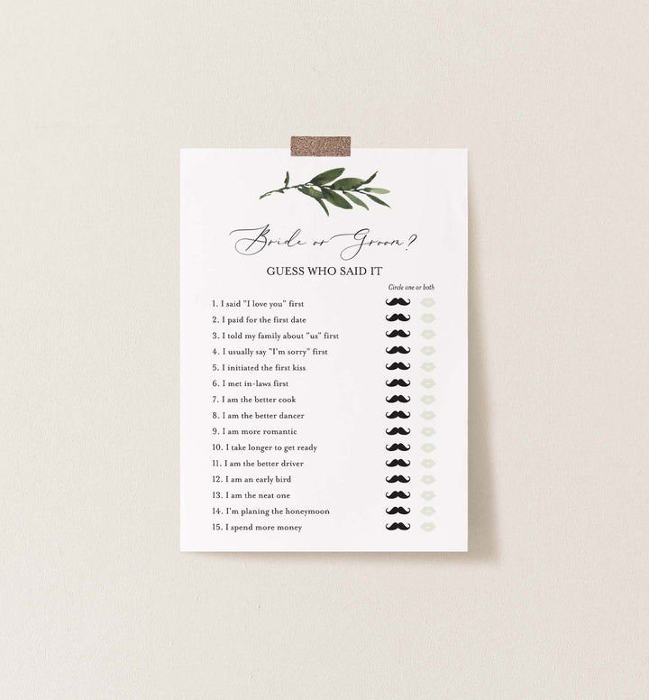 Foliage Bridal Shower He Said She Said Game Printable