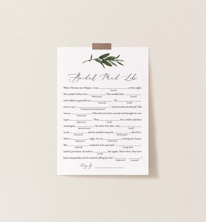 Foliage Bridal Shower Mad Libs Game Printable