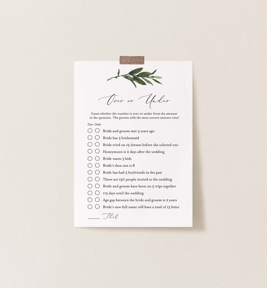 Foliage Bridal Shower Over or Under Game Printable