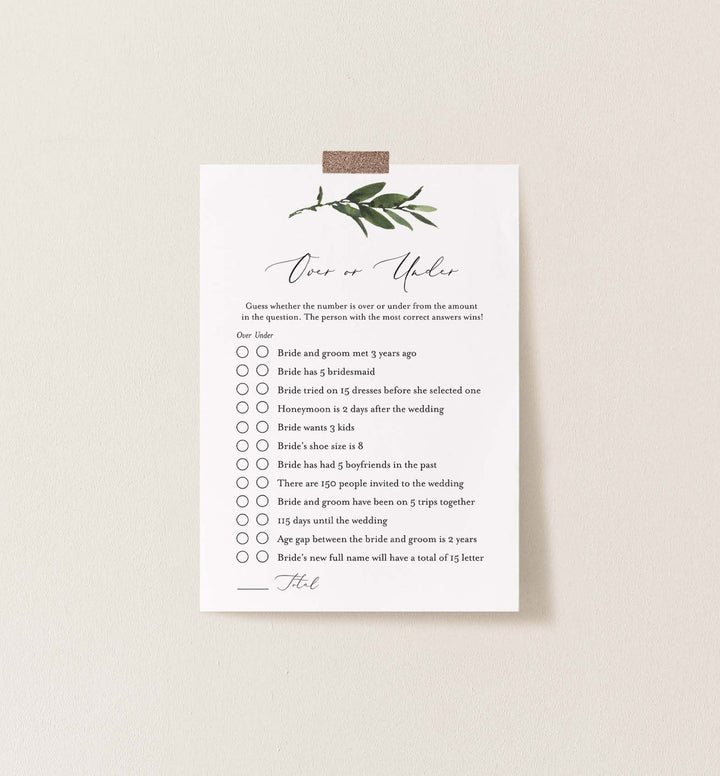 Foliage Bridal Shower Over or Under Game Printable