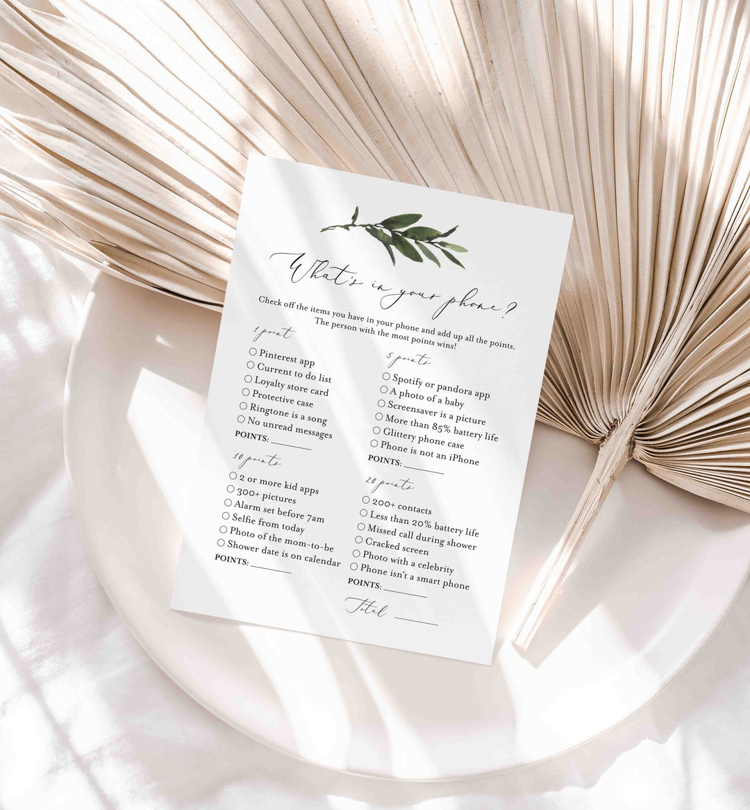Foliage Bridal Shower What's In Your Phone Game Printable