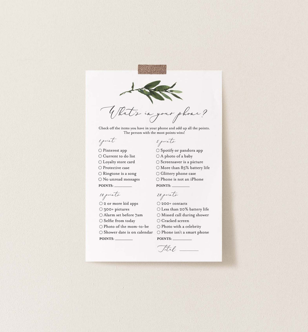 Foliage Bridal Shower What's In Your Phone Game Printable