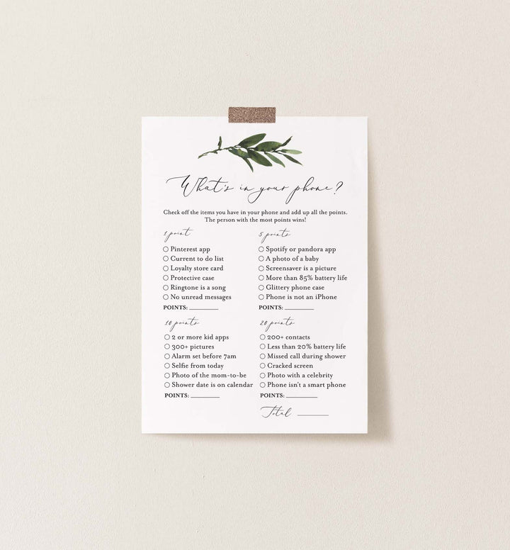 Foliage Bridal Shower What's In Your Phone Game Printable