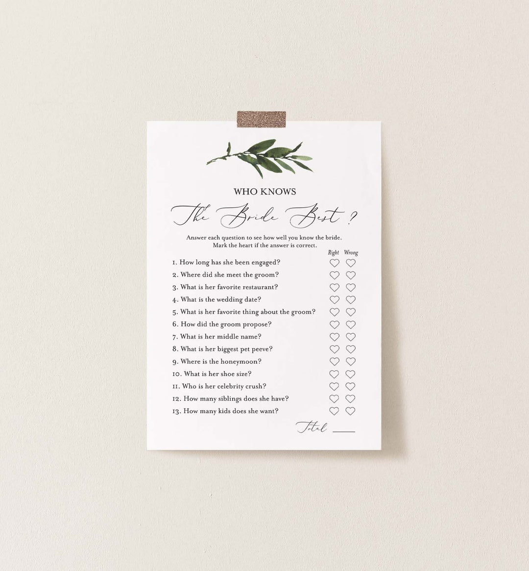 Foliage Bridal Shower Who Knows The Bride Best Game Printable