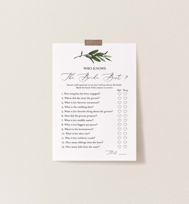Foliage Bridal Shower Who Knows The Bride Best Game Printable