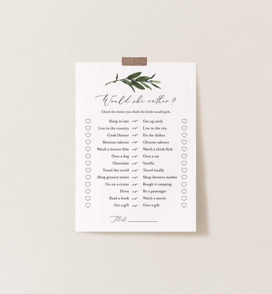 Foliage Bridal Shower Would She Rather Game Printable