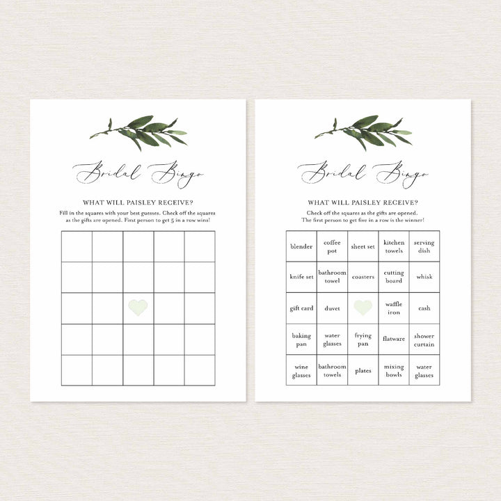 Foliage Bridal Shower Bingo Game Printable