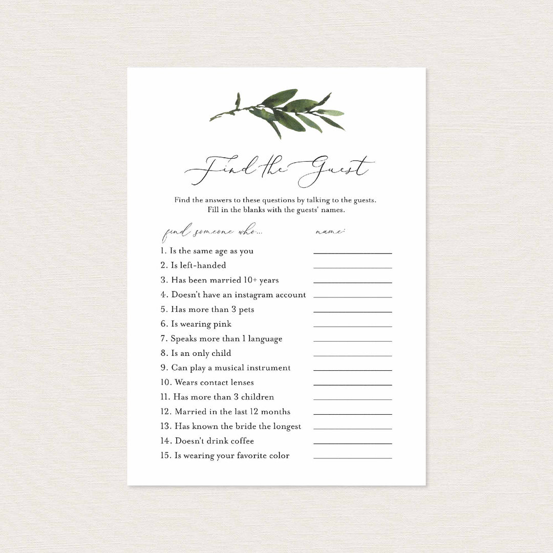 Foliage Bridal Shower Find The Guest Game Printable
