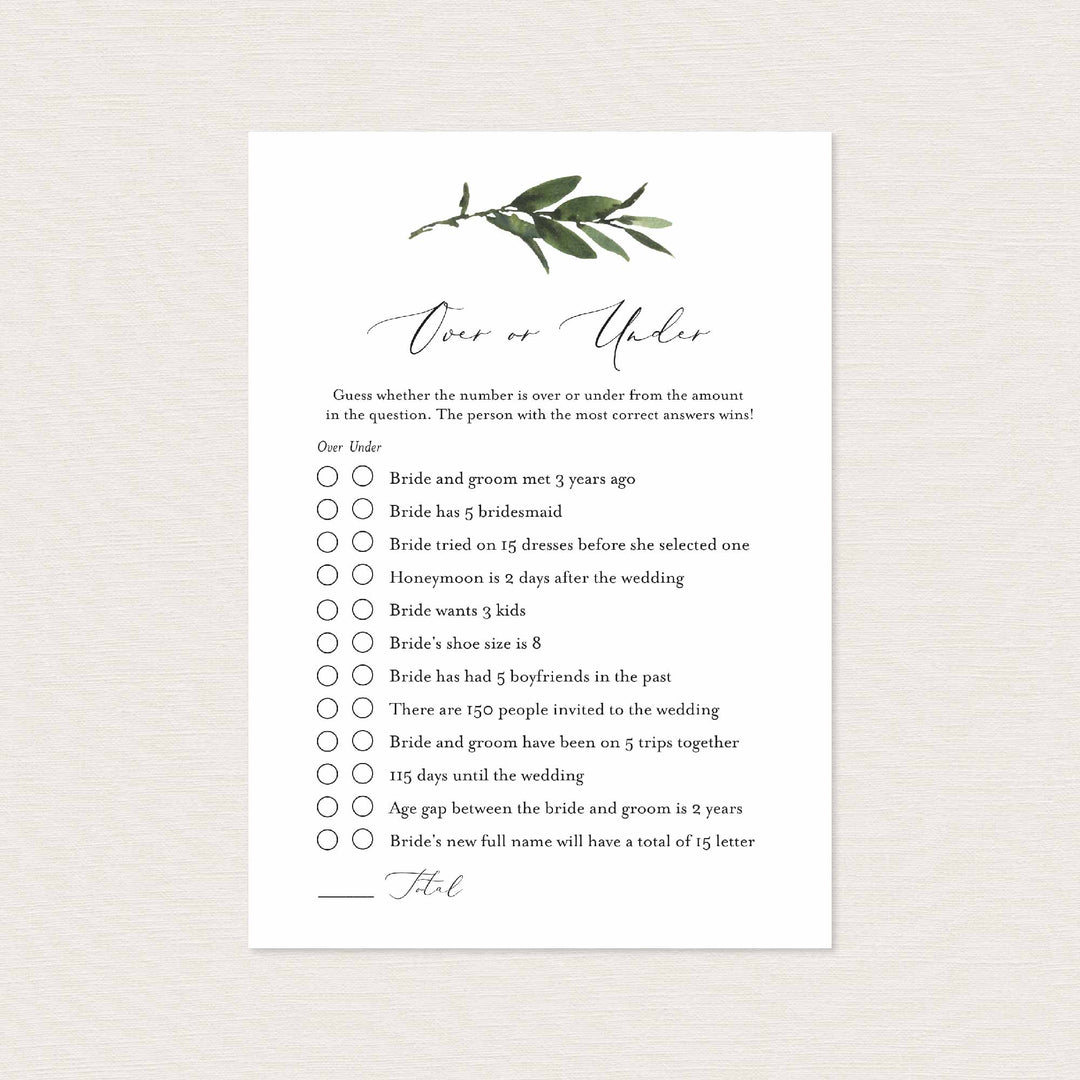 Foliage Bridal Shower Over or Under Game Printable