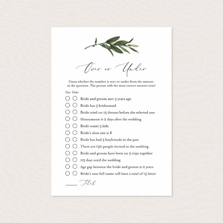 Foliage Bridal Shower Over or Under Game Printable
