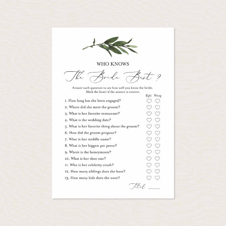 Foliage Bridal Shower Who Knows The Bride Best Game Printable