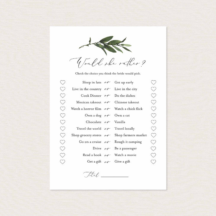Foliage Bridal Shower Would She Rather Game Printable