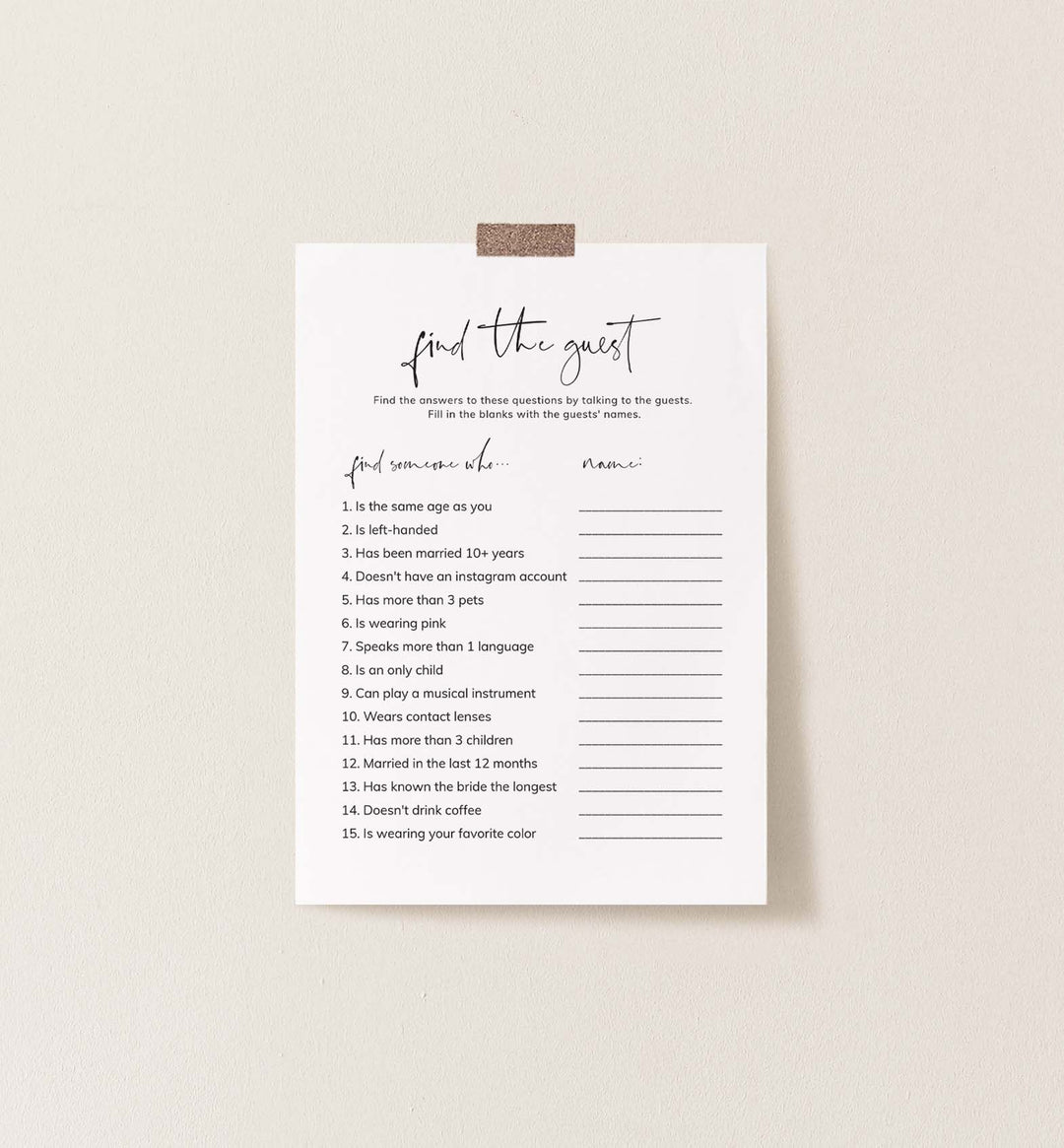 Modern Minimal Bridal Shower Find The Guest Game Printable