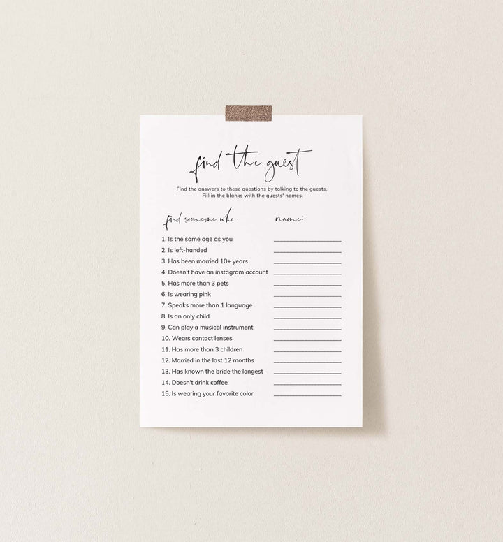 Modern Minimal Bridal Shower Find The Guest Game Printable