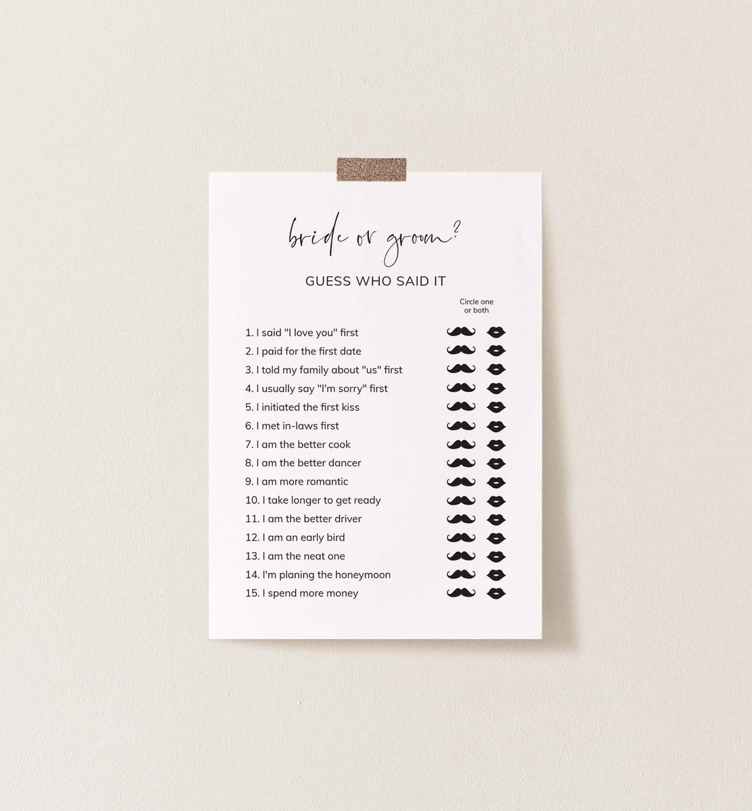 Modern Minimal Bridal Shower He Said She Said Game Printable