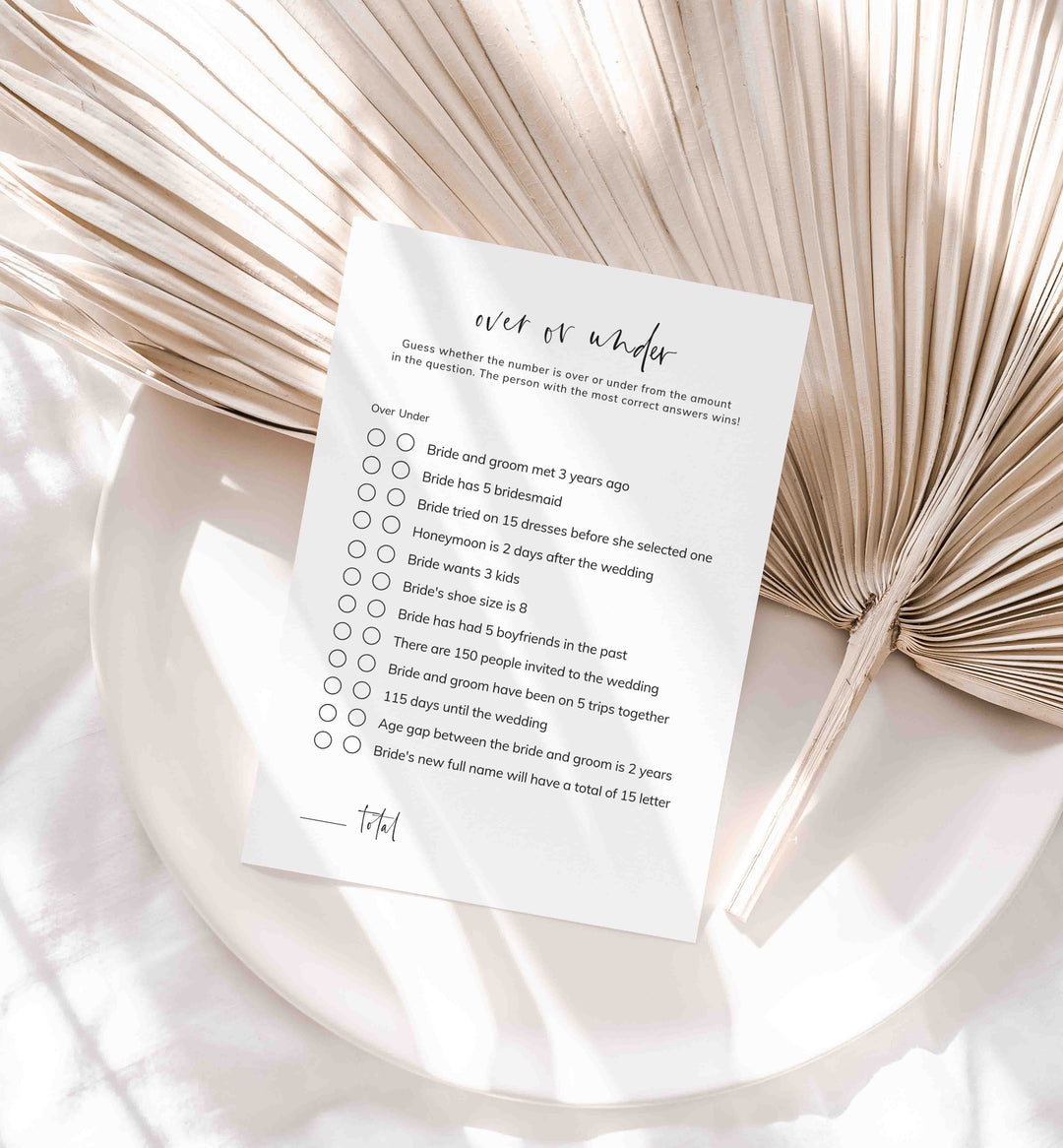 Modern Minimal Bridal Shower Over or Under Game Printable