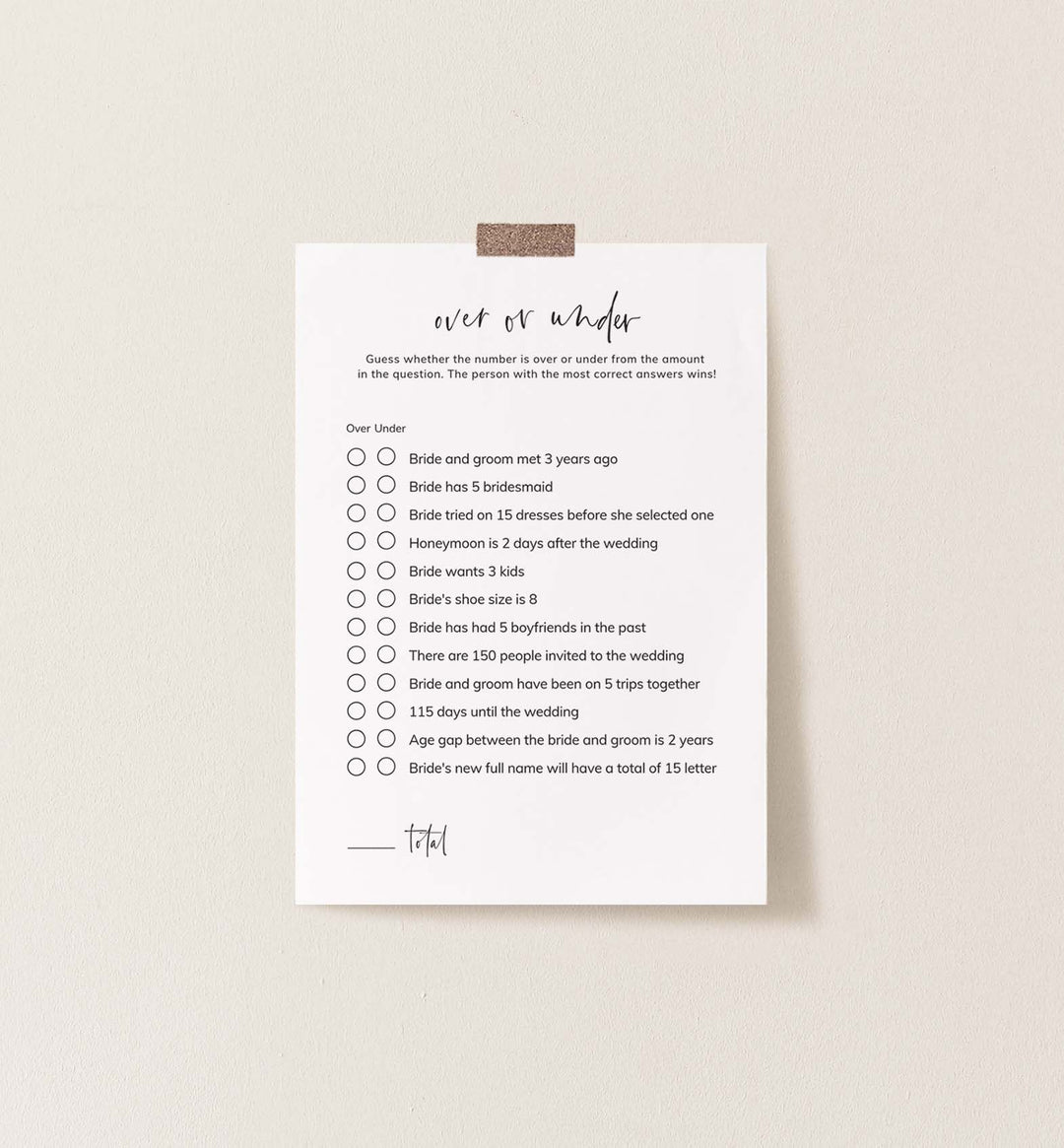 Modern Minimal Bridal Shower Over or Under Game Printable