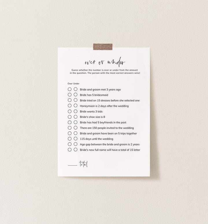 Modern Minimal Bridal Shower Over or Under Game Printable
