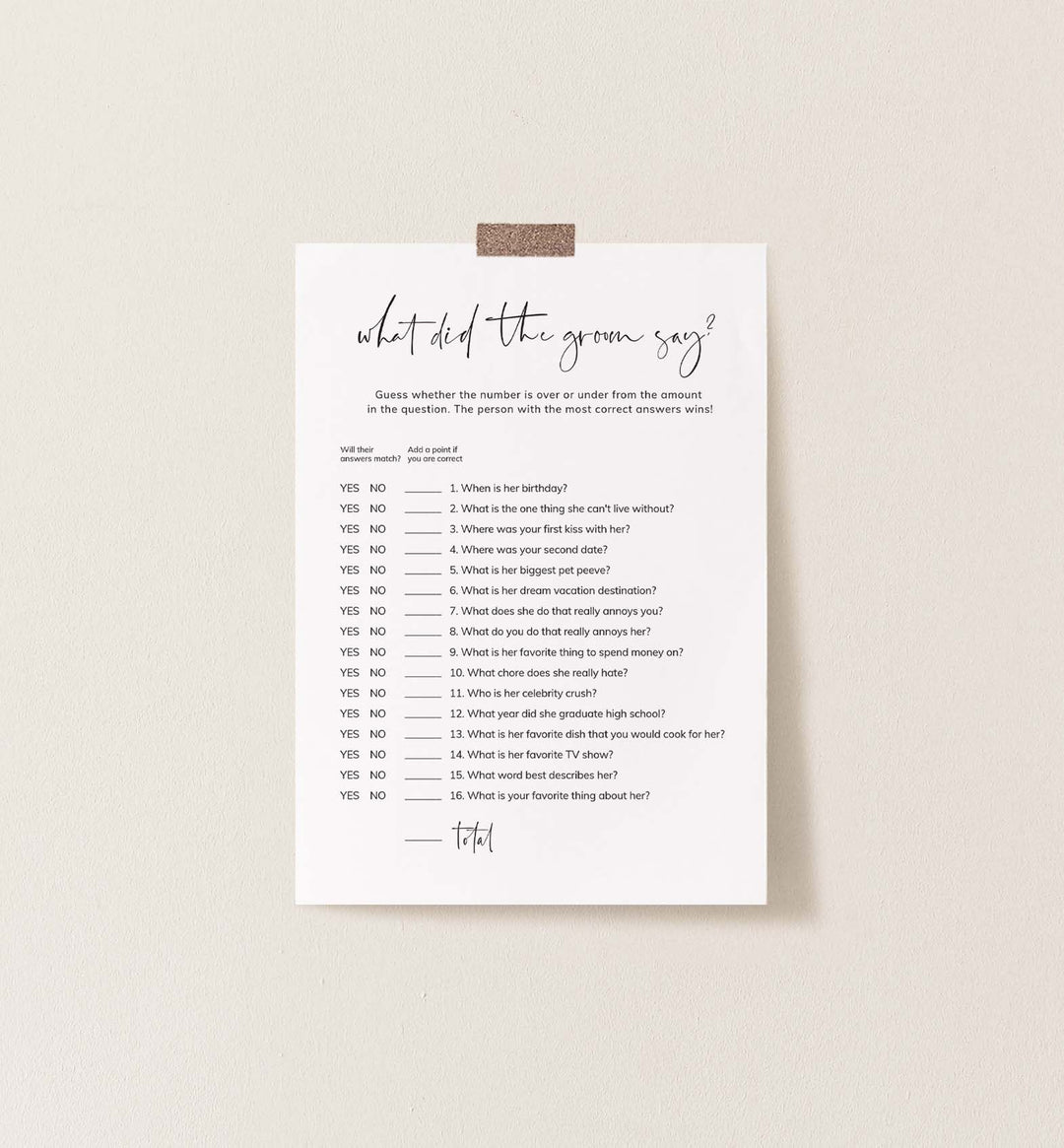 Modern Minimal Bridal Shower What Did The Groom Say Game Printable