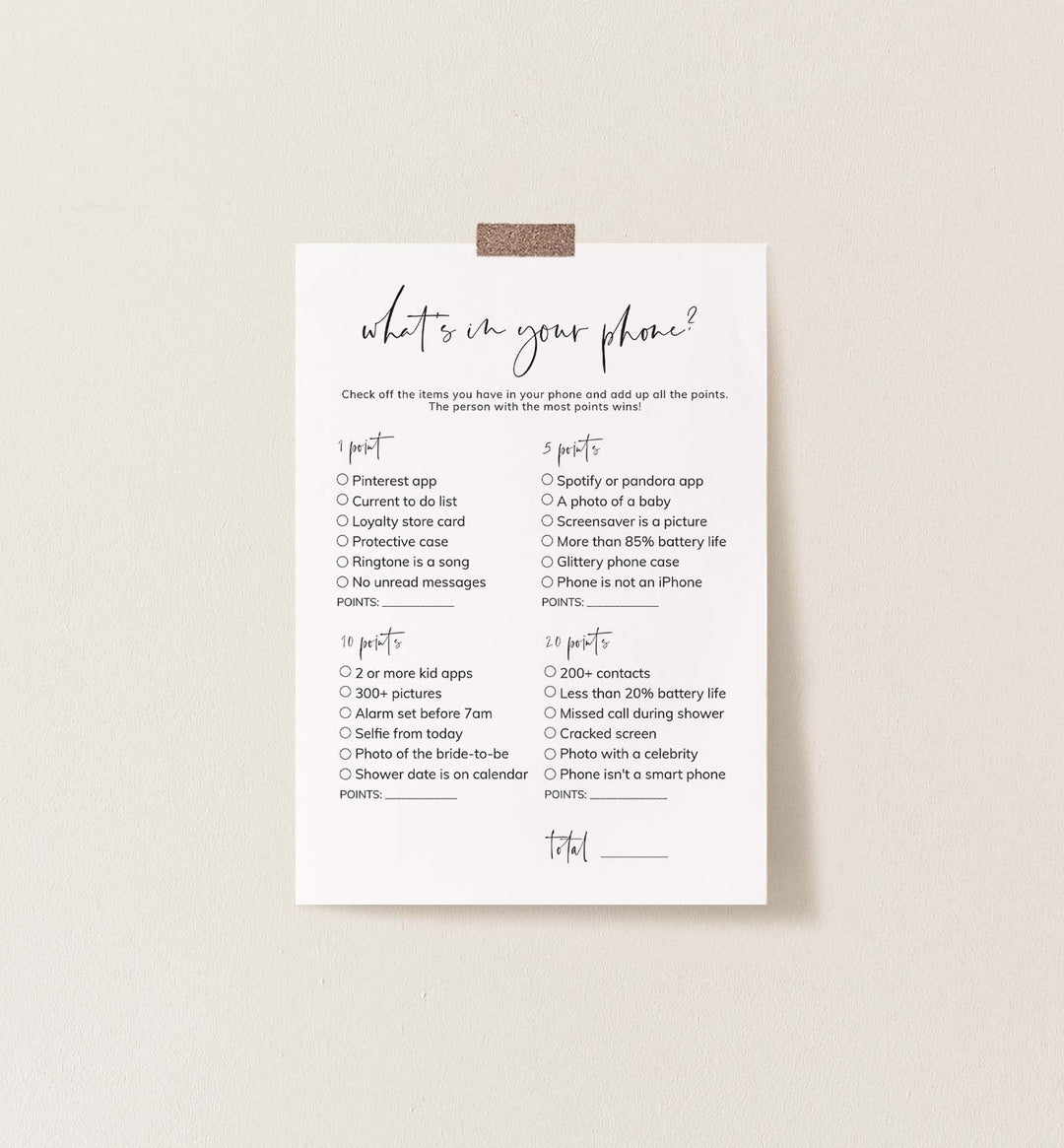 Modern Minimal Bridal Shower What's In Your Phone Game Printable