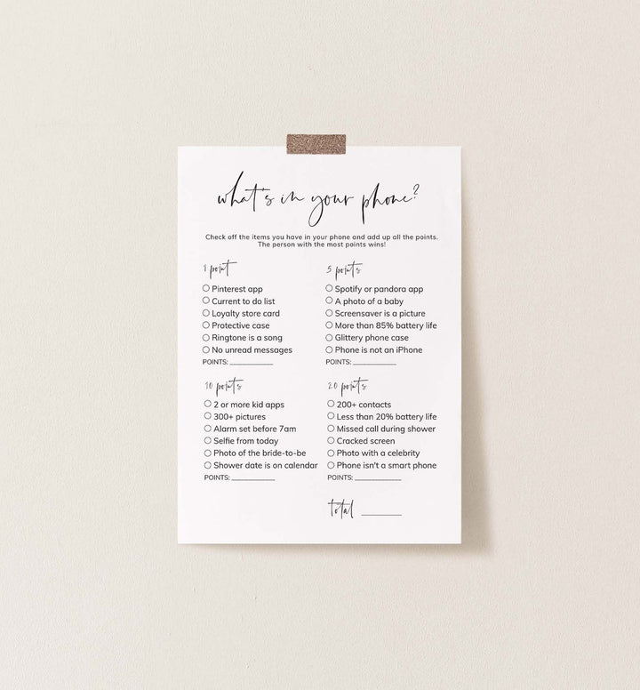 Modern Minimal Bridal Shower What's In Your Phone Game Printable