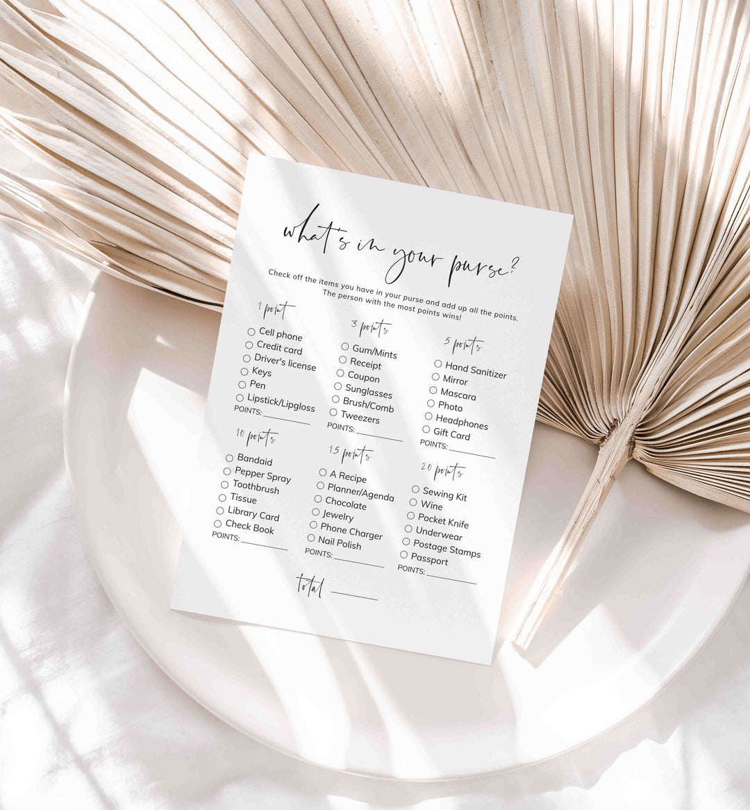 Modern Minimal Bridal Shower What's In Your Purse Game Printable