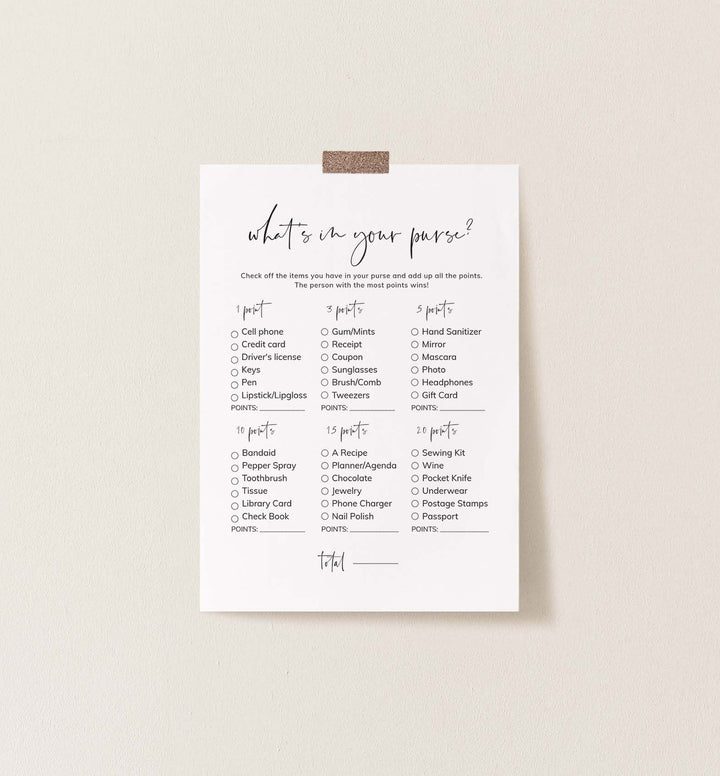Modern Minimal Bridal Shower What's In Your Purse Game Printable