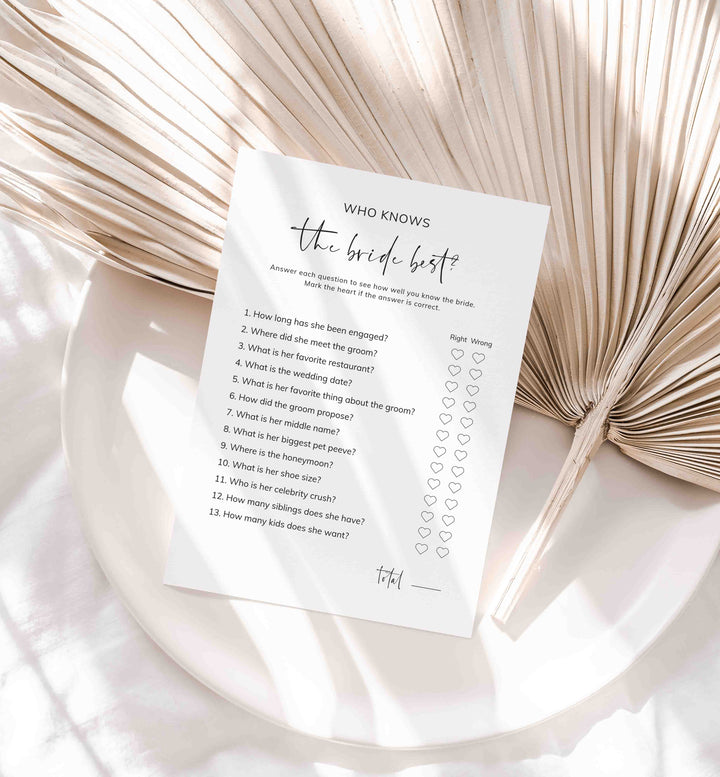 Modern Minimal Bridal Shower Who Knows The Bride Best Game Printable