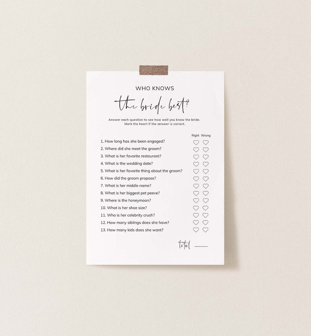 Modern Minimal Bridal Shower Who Knows The Bride Best Game Printable