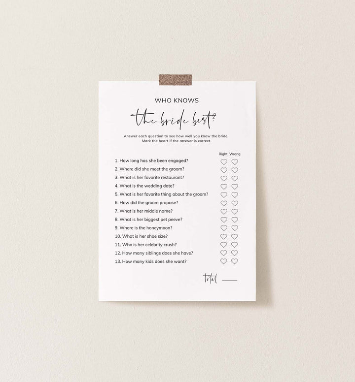 Modern Minimal Bridal Shower Who Knows The Bride Best Game Printable