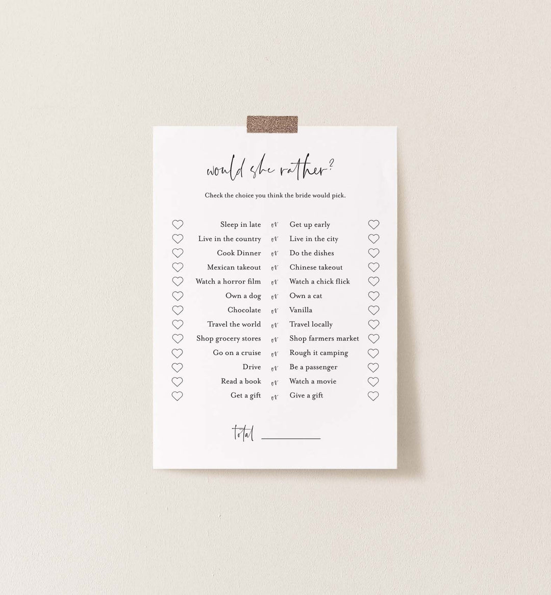 Modern Minimal Bridal Shower Would She Rather Game Printable