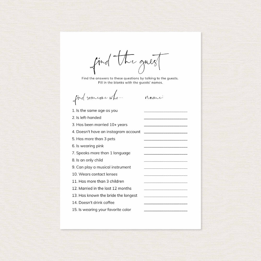 Modern Minimal Bridal Shower Find The Guest Game Printable