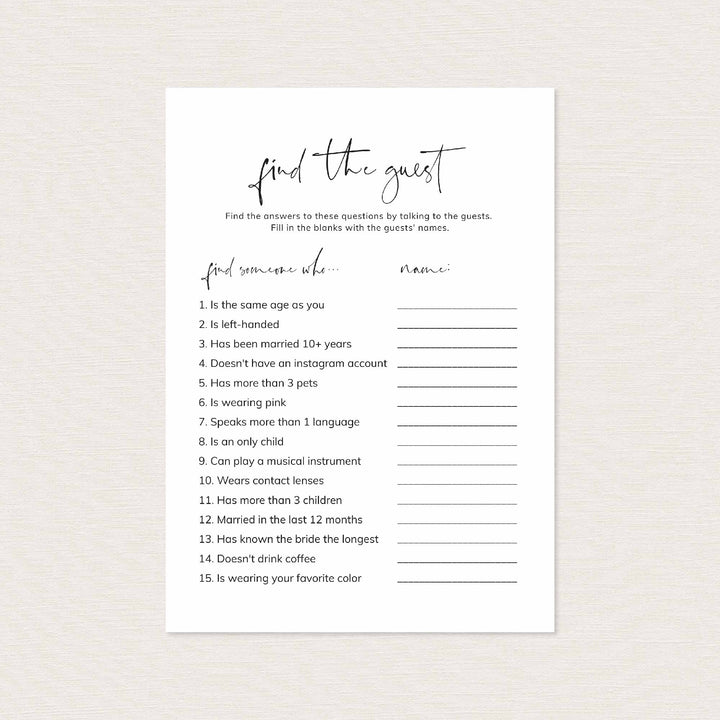 Modern Minimal Bridal Shower Find The Guest Game Printable