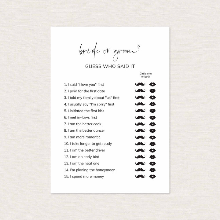 Modern Minimal Bridal Shower He Said She Said Game Printable