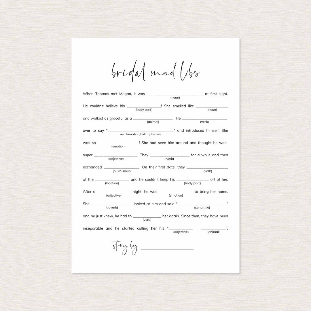 Modern Minimal Bridal Shower Mad Libs Game Printable