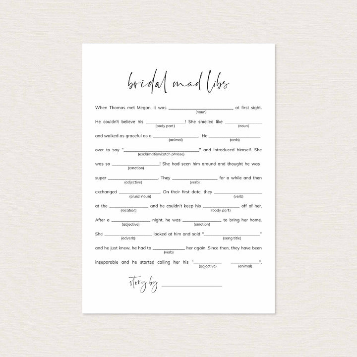 Modern Minimal Bridal Shower Mad Libs Game Printable