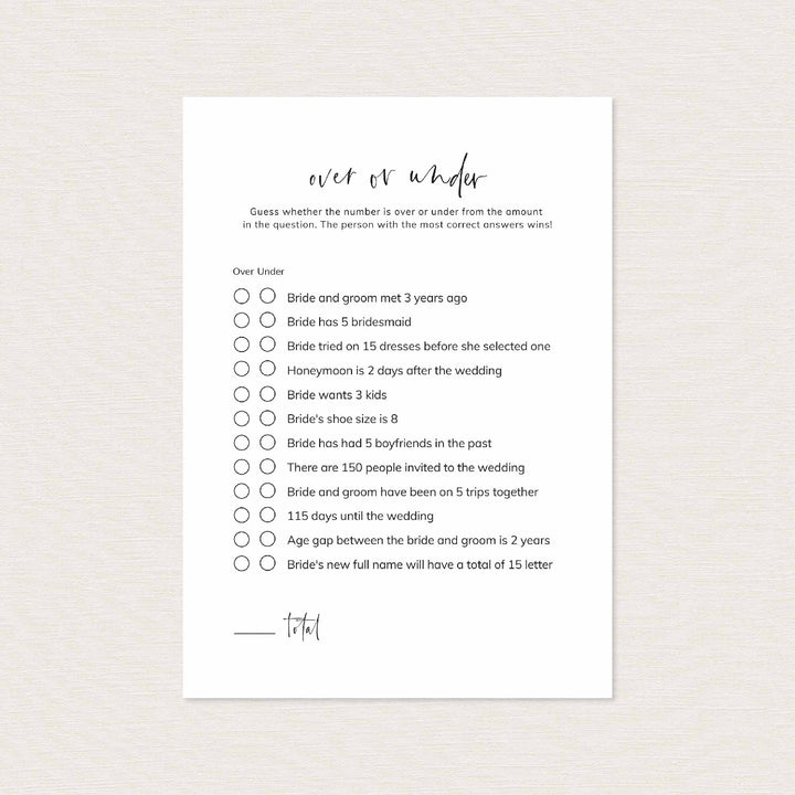 Modern Minimal Bridal Shower Over or Under Game Printable