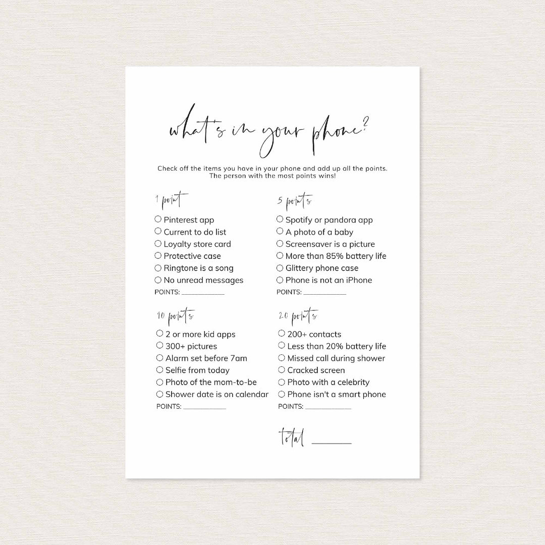 Modern Minimal Bridal Shower What's In Your Phone Game Printable