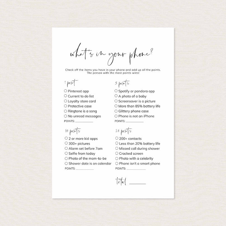 Modern Minimal Bridal Shower What's In Your Phone Game Printable