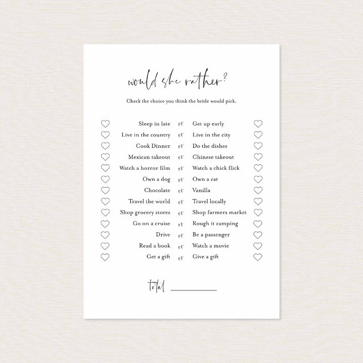 Modern Minimal Bridal Shower Would She Rather Game Printable