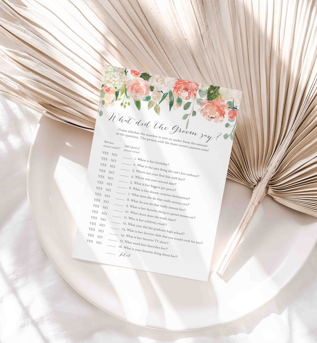 Peach and Cream Bridal Shower What Did The Groom Say Game Printable