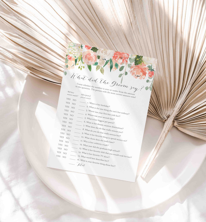 Peach and Cream Bridal Shower What Did The Groom Say Game Printable