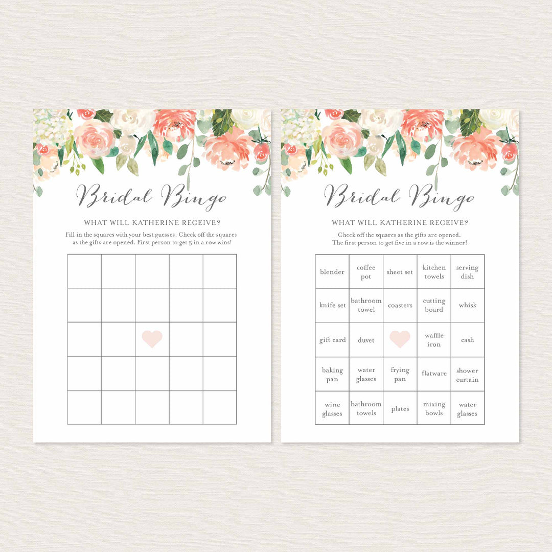 Peach and Cream Bridal Shower Bingo Game Printable