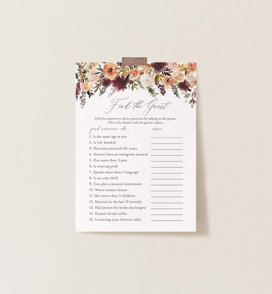 Romance Blush Bridal Shower Find The Guest Game Printable