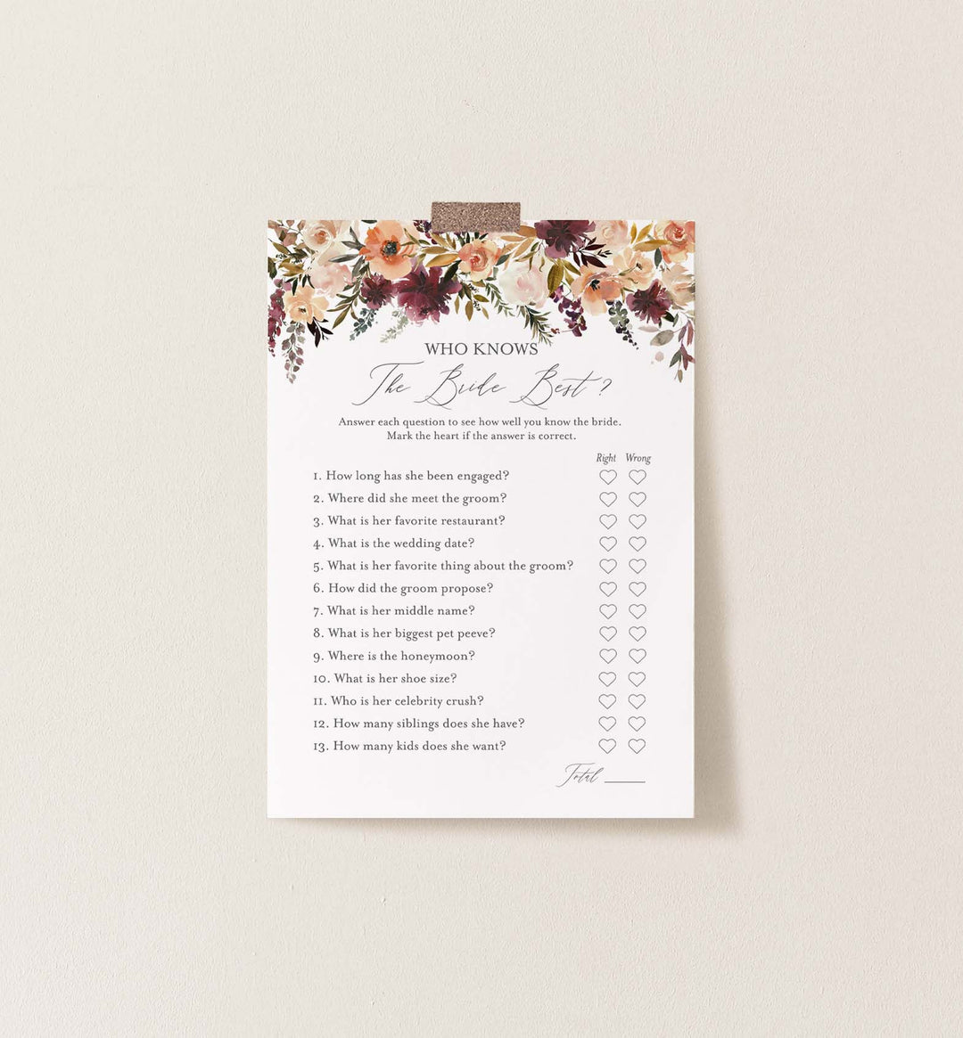 Romance Blush Bridal Shower Who Knows The Bride Best Game Printable